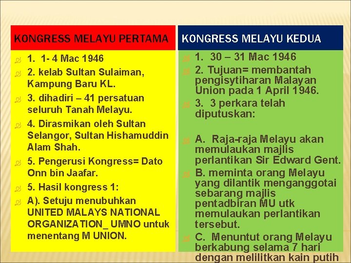 KONGRESS MELAYU PERTAMA 1. 1 - 4 Mac 1946 2. kelab Sultan Sulaiman, Kampung