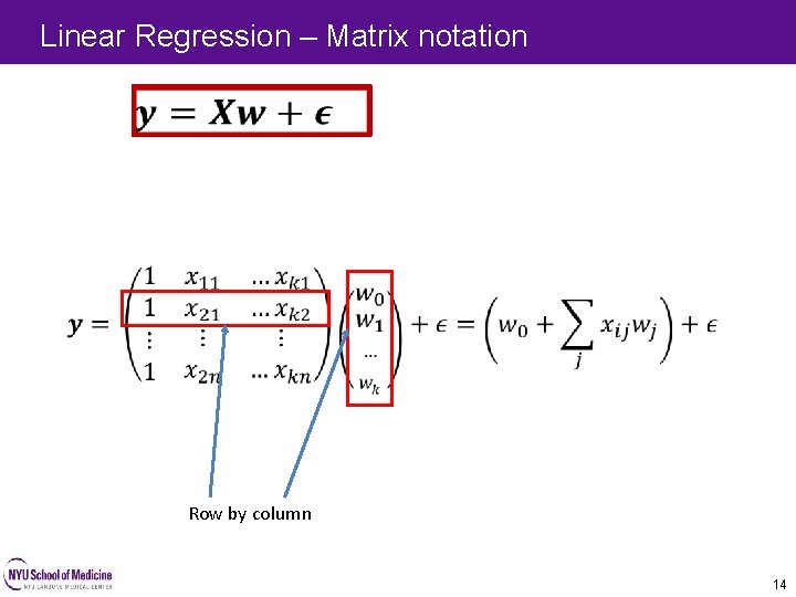 Linear Regression – Matrix notation 14 Row by column 14 Linear Regression – Matrix notation 14 Row by column 14