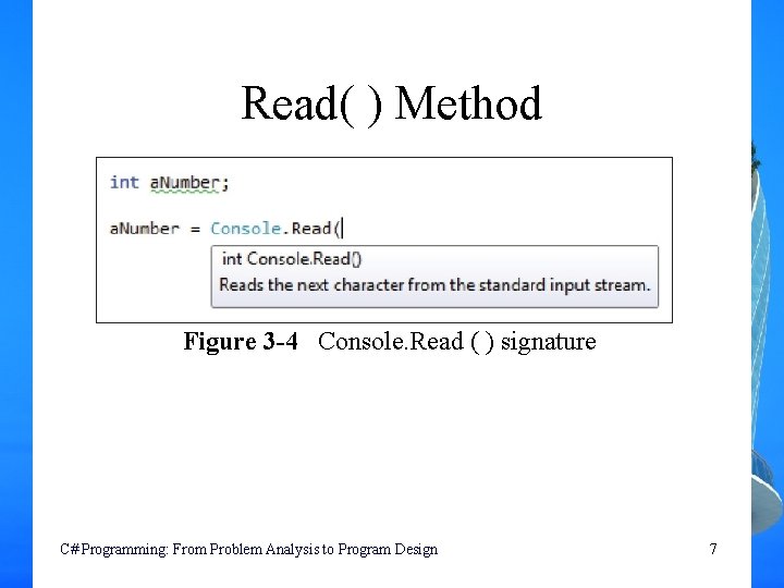 Read( ) Method Figure 3 -4 Console. Read ( ) signature C# Programming: From