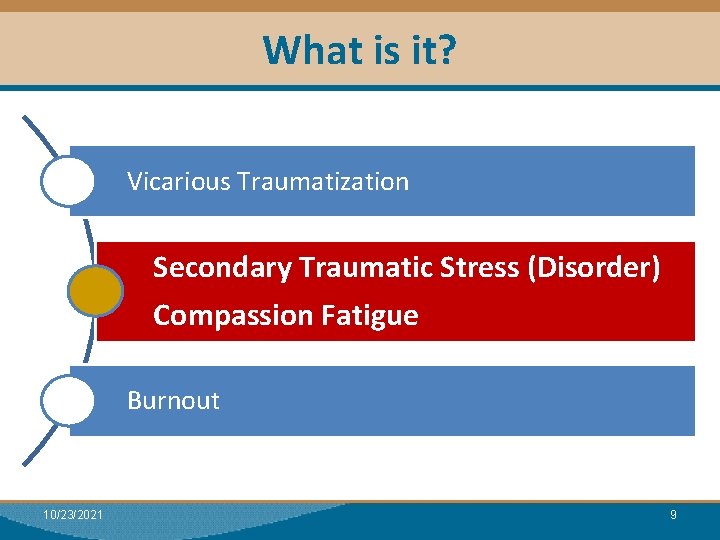 What is it? Module I: Research Vicarious Traumatization Secondary Traumatic Stress (Disorder) Compassion Fatigue