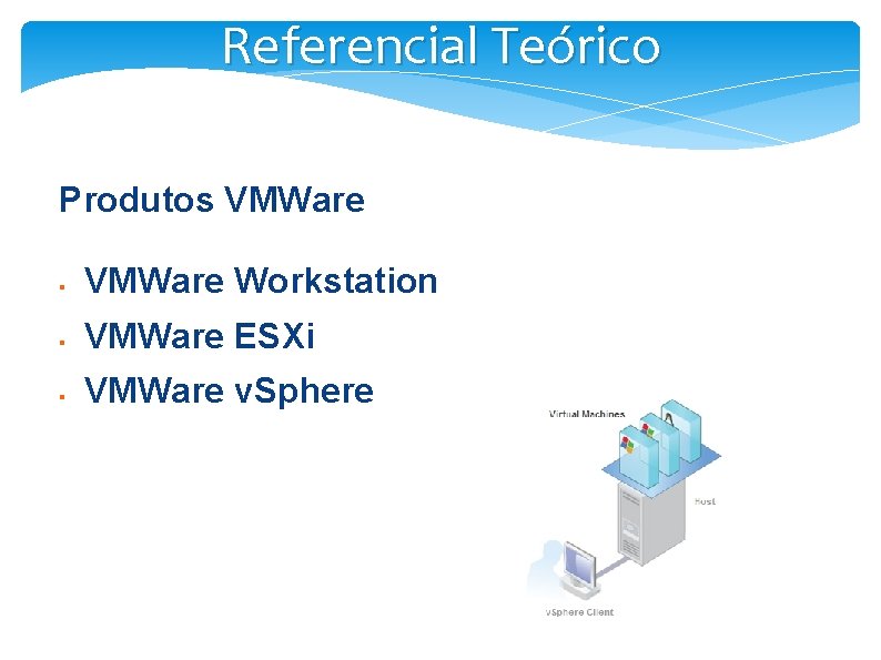 Referencial Teórico Produtos VMWare § VMWare Workstation § VMWare ESXi § VMWare v. Sphere