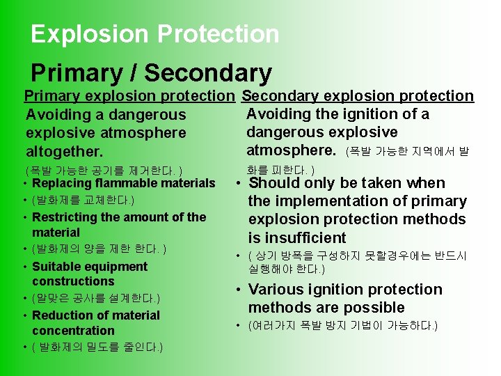 Explosion Protection Primary / Secondary Primary explosion protection Avoiding a dangerous explosive atmosphere altogether.