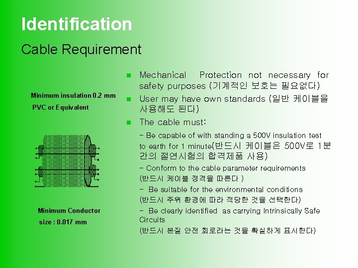 Identification Cable Requirement n Minimum insulation 0. 2 mm n PVC or Equivalent n