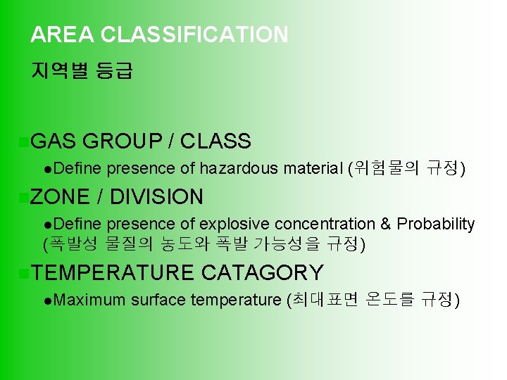 AREA CLASSIFICATION 지역별 등급 n. GAS GROUP / CLASS l. Define n. ZONE presence