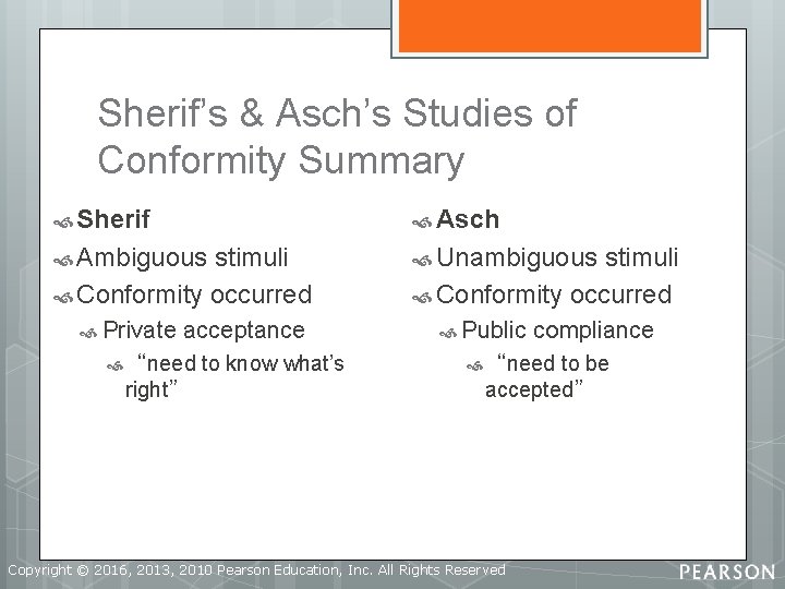 Sherif’s & Asch’s Studies of Conformity Summary Sherif Asch Ambiguous Unambiguous stimuli Conformity occurred