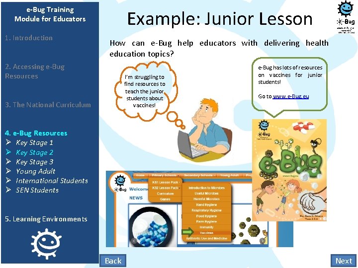 e-Bug Training Module for Educators 1. Introduction Example: Junior Lesson How can e-Bug help