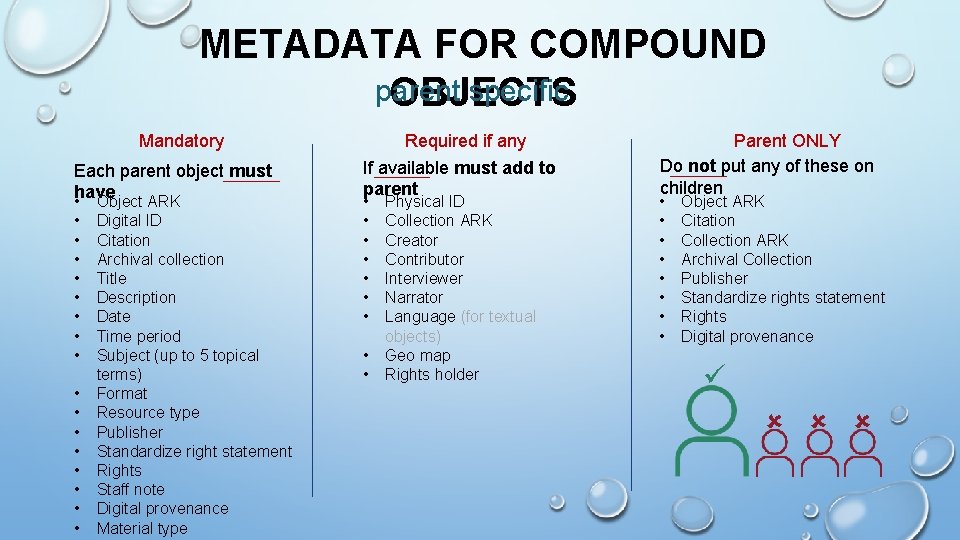 METADATA FOR COMPOUND parent specific OBJECTS Mandatory Each parent object must have • Object