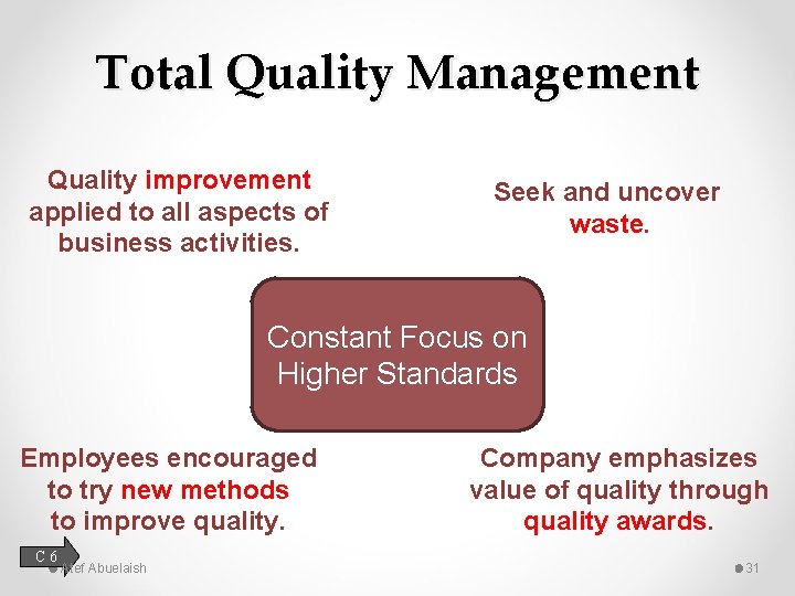 Total Quality Management Quality improvement applied to all aspects of business activities. Seek and