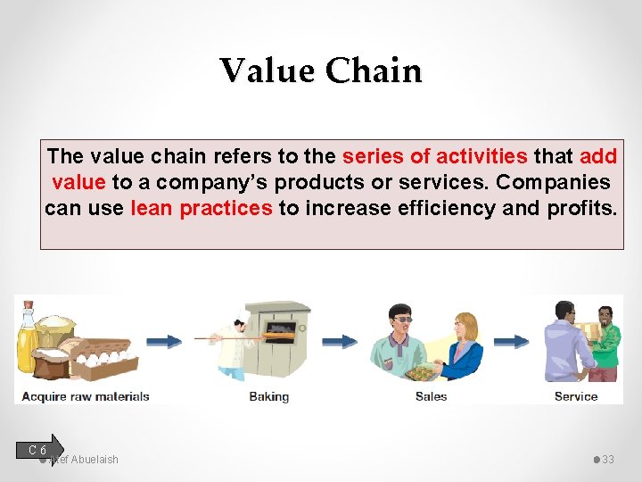 Value Chain The value chain refers to the series of activities that add value