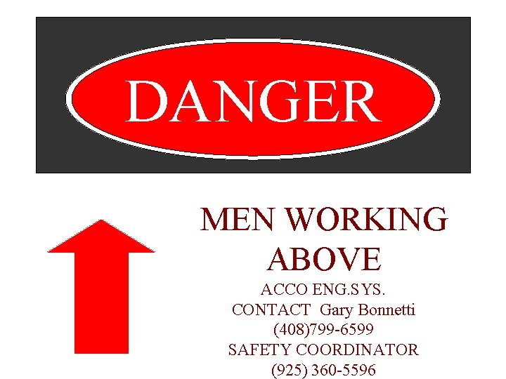 DANGER MEN WORKING ABOVE ACCO ENG. SYS. CONTACT Gary Bonnetti (408)799 -6599 SAFETY COORDINATOR
