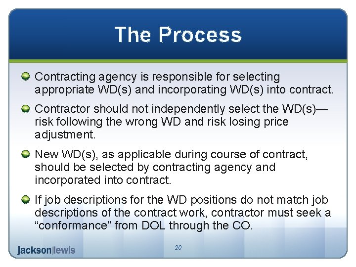 The Process Contracting agency is responsible for selecting appropriate WD(s) and incorporating WD(s) into