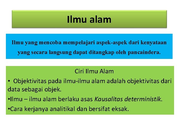 Ilmu alam Ilmu yang mencoba mempelajari aspek-aspek dari kenyataan yang secara langsung dapat ditangkap