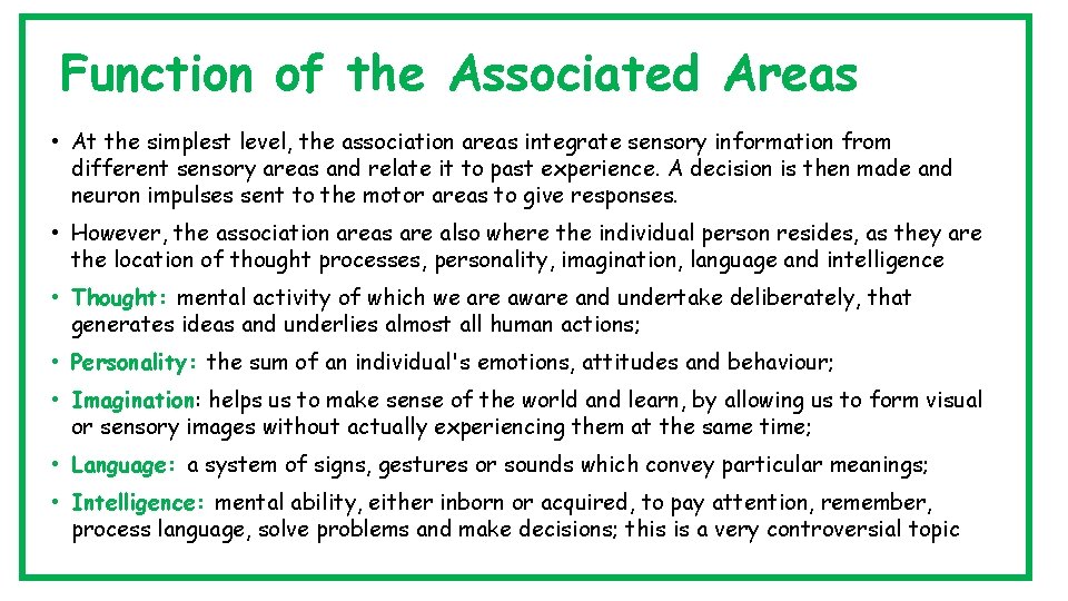 Function of the Associated Areas • At the simplest level, the association areas integrate