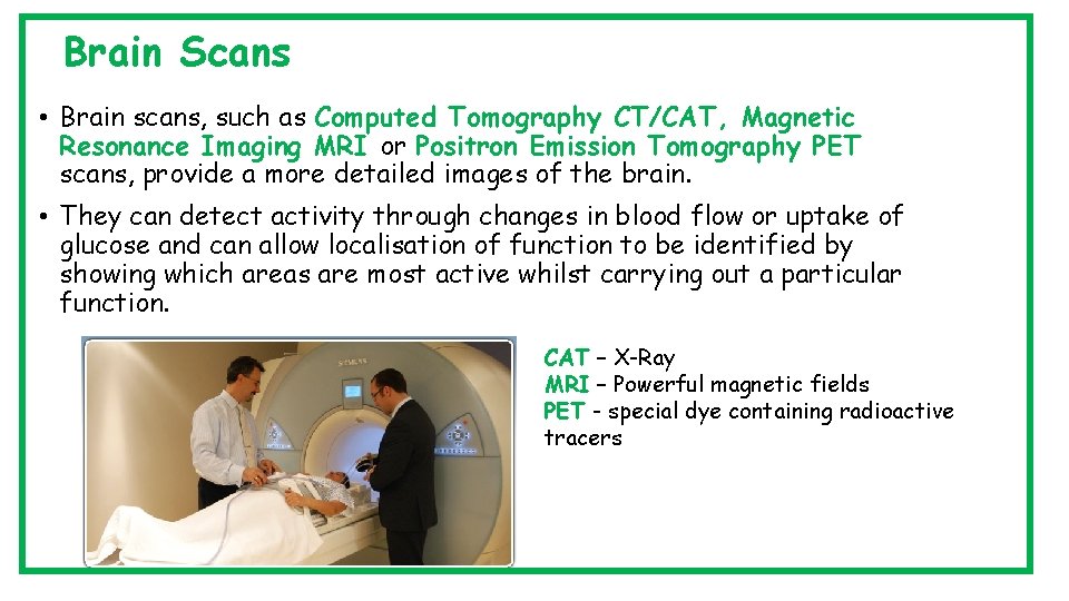 Brain Scans • Brain scans, such as Computed Tomography CT/CAT, Magnetic Resonance Imaging MRI