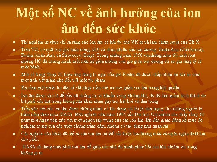 Một số NC về ảnh hưởng của ion âm đến sức khỏe n n