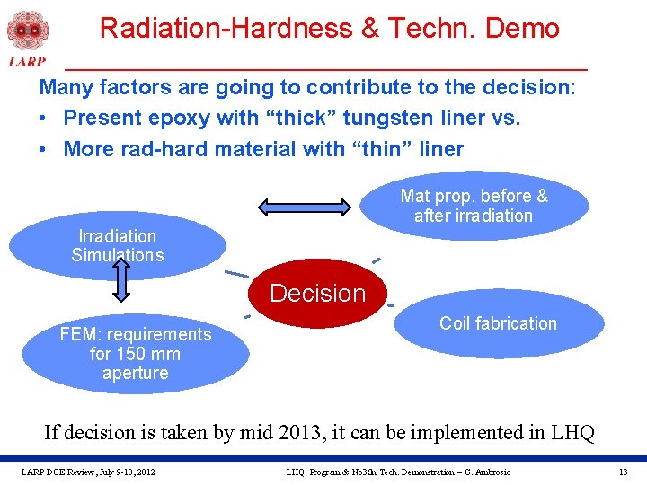 Radiation-Hardness & Techn. Demo Many factors are going to contribute to the decision: •