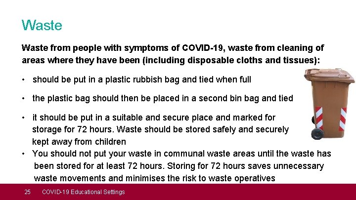 Waste from people with symptoms of COVID-19, waste from cleaning of areas where they