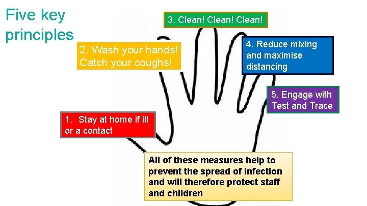 Five key principles 3. Clean! 2. Wash your hands! Catch your coughs! 4. Reduce