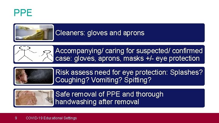 PPE Cleaners: gloves and aprons Accompanying/ caring for suspected/ confirmed case: gloves, aprons, masks