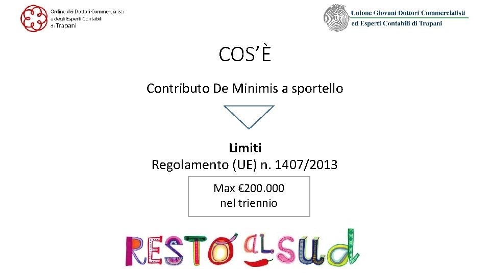 COS’È Contributo De Minimis a sportello Limiti Regolamento (UE) n. 1407/2013 Max € 200.
