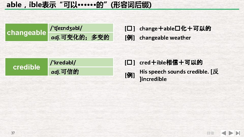 able，ible表示“可以······的”(形容词后缀) changeable credible 37 /'tʃeɪndʒəbl/ adj. 可变化的；多变的 /'kredəbl/ adj. 可信的 [� ] change＋able�化＋可以的 [例]