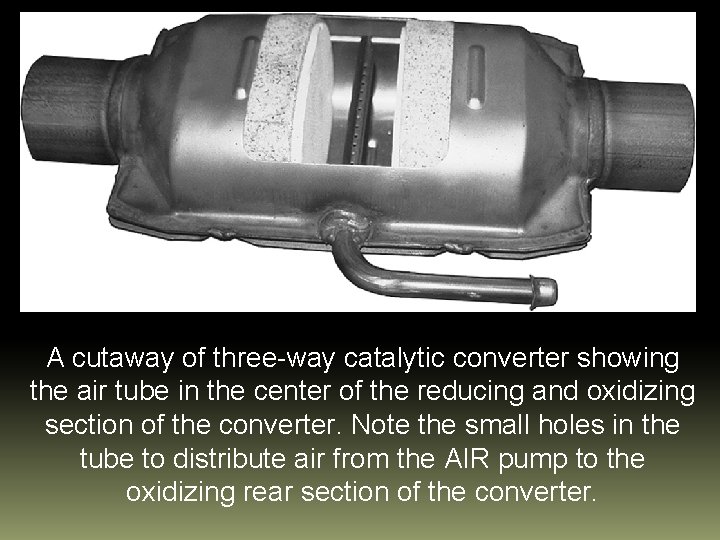 A cutaway of three-way catalytic converter showing the air tube in the center of