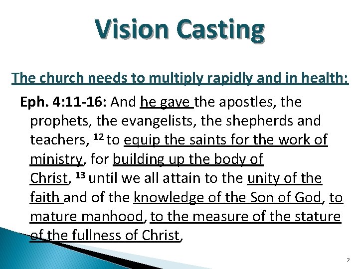 Vision Casting The church needs to multiply rapidly and in health: Eph. 4: 11