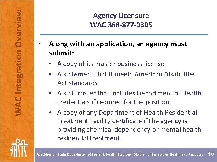 WAC Integration Overview Agency Licensure WAC 388 -877 -0305 • Along with an application,