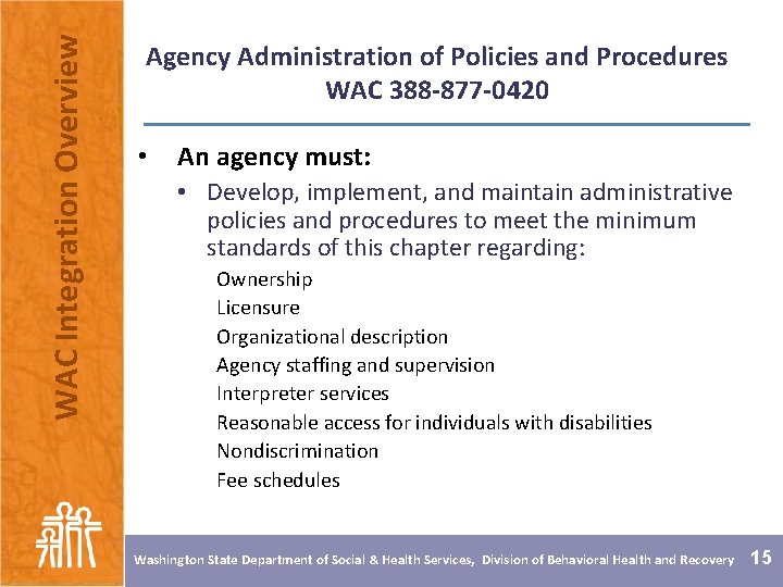 WAC Integration Overview Agency Administration of Policies and Procedures WAC 388 -877 -0420 •