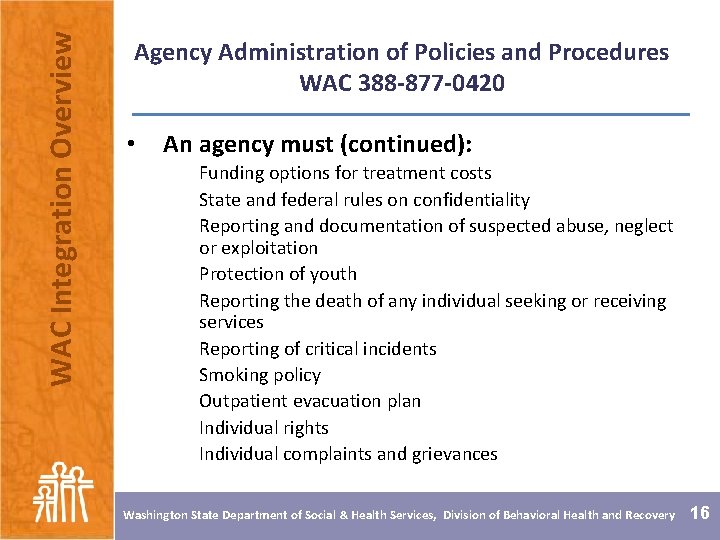 WAC Integration Overview Agency Administration of Policies and Procedures WAC 388 -877 -0420 •