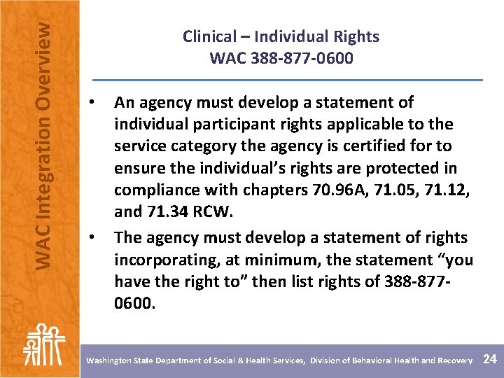 WAC Integration Overview Clinical – Individual Rights WAC 388 -877 -0600 • • An