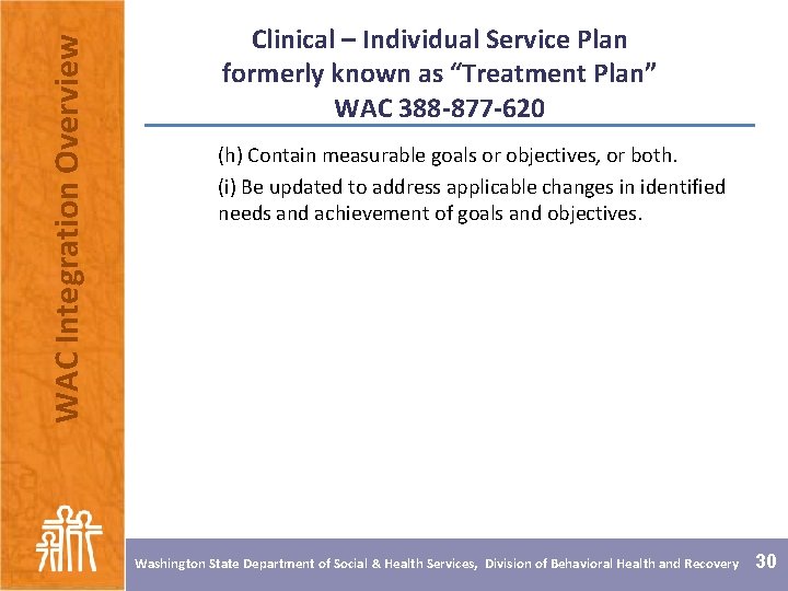 WAC Integration Overview Clinical – Individual Service Plan formerly known as “Treatment Plan” WAC