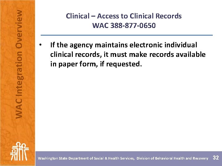 WAC Integration Overview Clinical – Access to Clinical Records WAC 388 -877 -0650 •