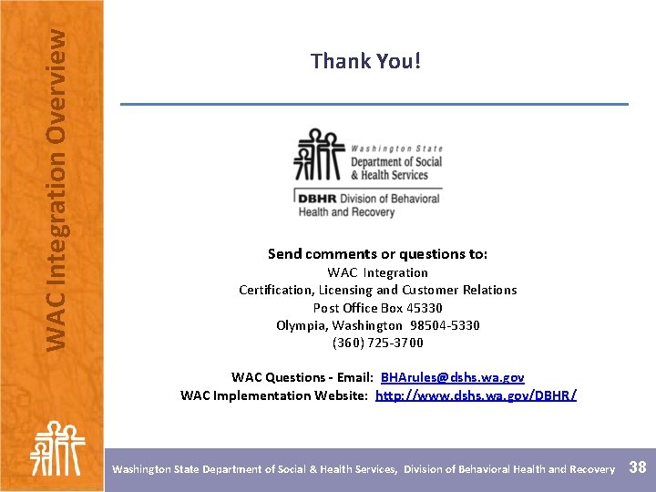 WAC Integration Overview Thank You! Send comments or questions to: WAC Integration Certification, Licensing