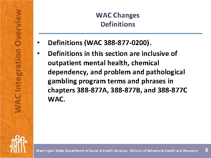 WAC Integration Overview WAC Changes Definitions • • Definitions (WAC 388 -877 -0200). Definitions