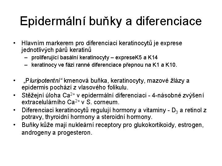 Epidermální buňky a diferenciace • Hlavním markerem pro diferenciaci keratinocytů je exprese jednotlivých párů