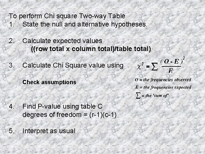 To perform Chi square Two-way Table 1. State the null and alternative hypotheses. 2.