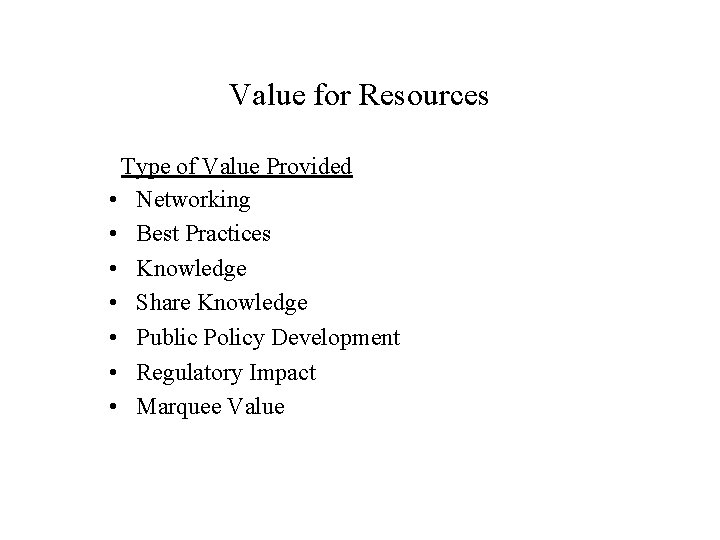 Value for Resources Type of Value Provided • Networking • Best Practices • Knowledge