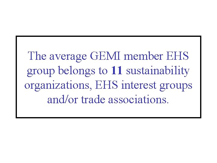 The average GEMI member EHS group belongs to 11 sustainability organizations, EHS interest groups