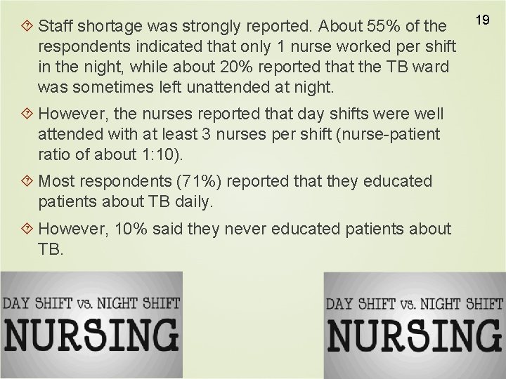  Staff shortage was strongly reported. About 55% of the respondents indicated that only