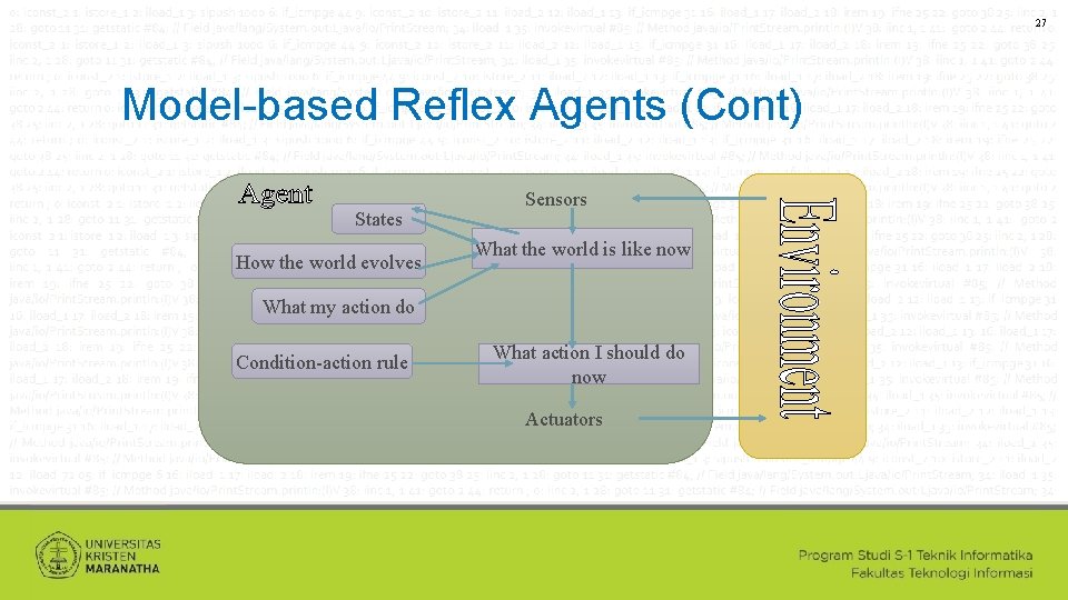 27 Model-based Reflex Agents (Cont) States How the world evolves Sensors What the world