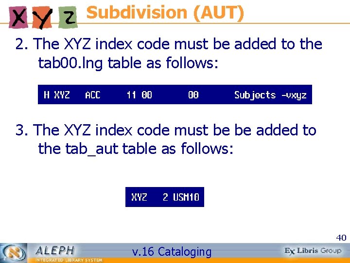 Subdivision (AUT) 2. The XYZ index code must be added to the tab 00.