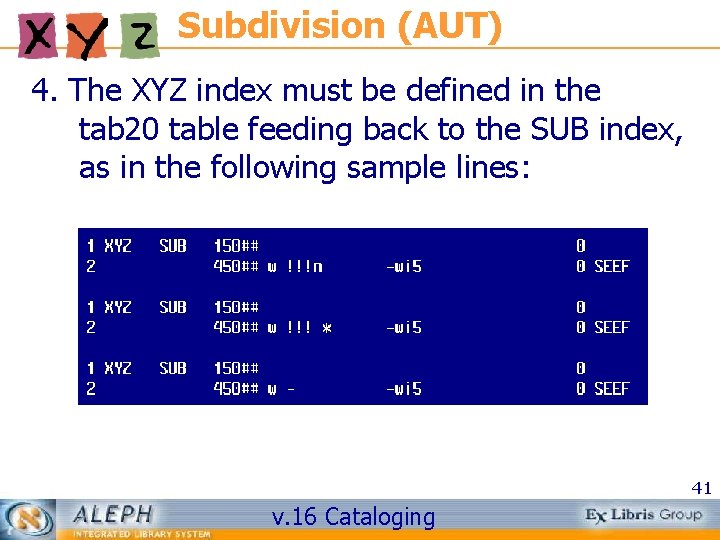 Subdivision (AUT) 4. The XYZ index must be defined in the tab 20 table
