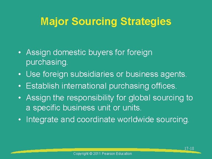 Major Sourcing Strategies • Assign domestic buyers foreign purchasing. • Use foreign subsidiaries or