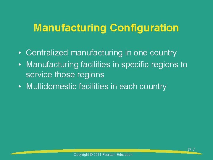 Manufacturing Configuration • Centralized manufacturing in one country • Manufacturing facilities in specific regions