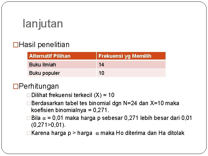 lanjutan �Hasil penelitian Alternatif Pilihan Frekuensi yg Memilih Buku ilmiah 14 Buku populer 10