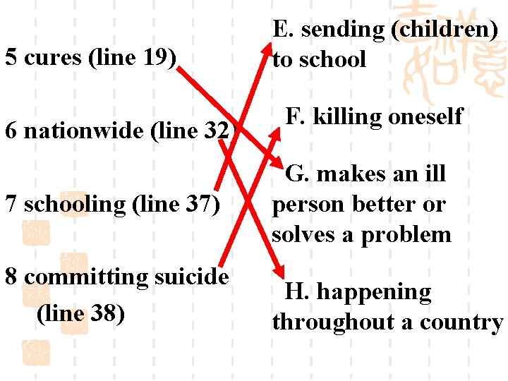 5 cures (line 19) 6 nationwide (line 32) E. sending (children) to school F.