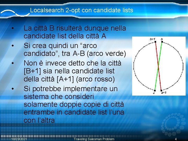 Localsearch 2 -opt con candidate lists • • La città B risulterà dunque nella Localsearch 2 -opt con candidate lists • • La città B risulterà dunque nella
