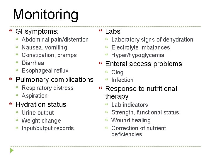 Monitoring GI symptoms: Respiratory distress Aspiration Hydration status Urine output Weight change Input/output records