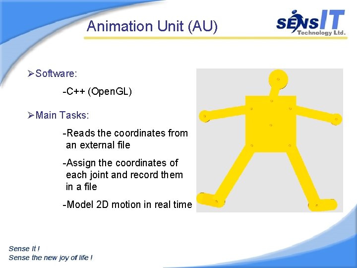 Animation Unit (AU) ØSoftware: -C++ (Open. GL) ØMain Tasks: -Reads the coordinates from an
